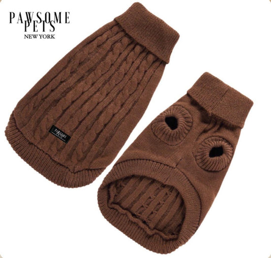 Chocolate brown cable knit dog sweater with a folded roll collar, shown from the back and from the belly side