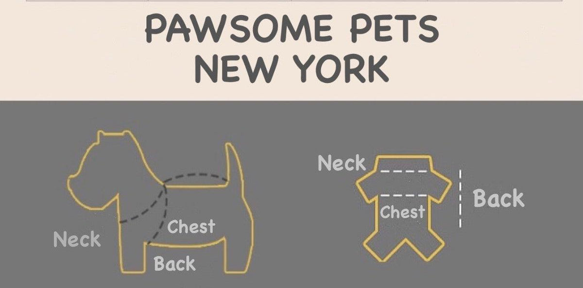 Cable knit dog sweater measuring guide showing where to take neck, chest and back length on a dog