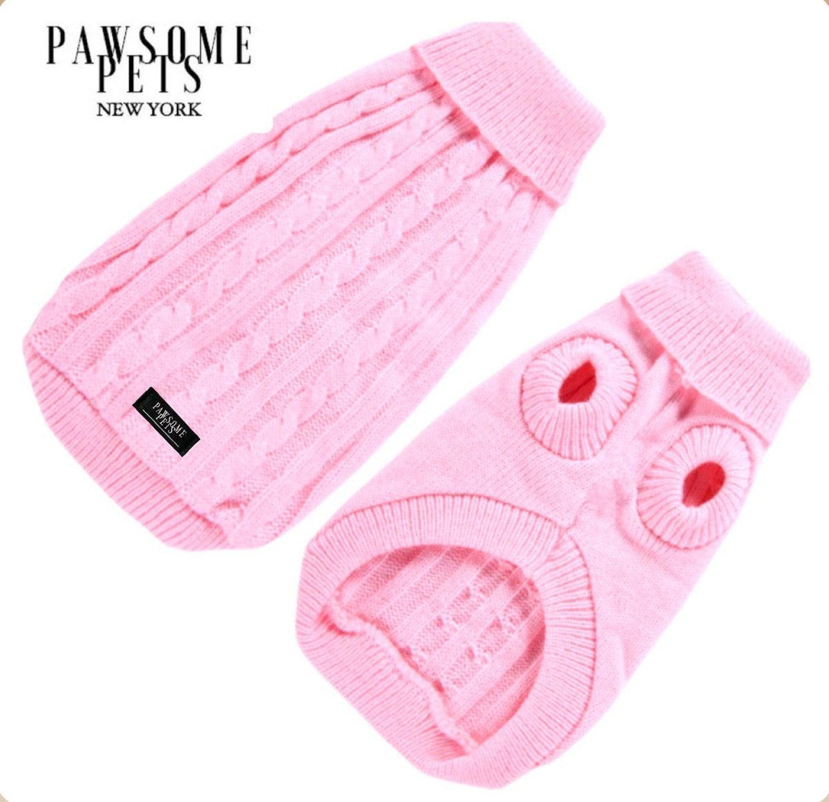 Light pink cable knit pet sweater with a folded collar, shown from the back and from the belly side