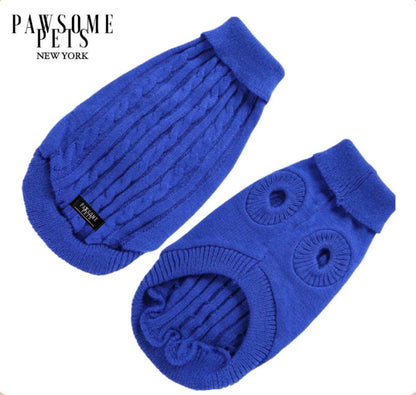 Royal blue cable knit dog sweater with a folded roll collar, shown from the back and from the belly side