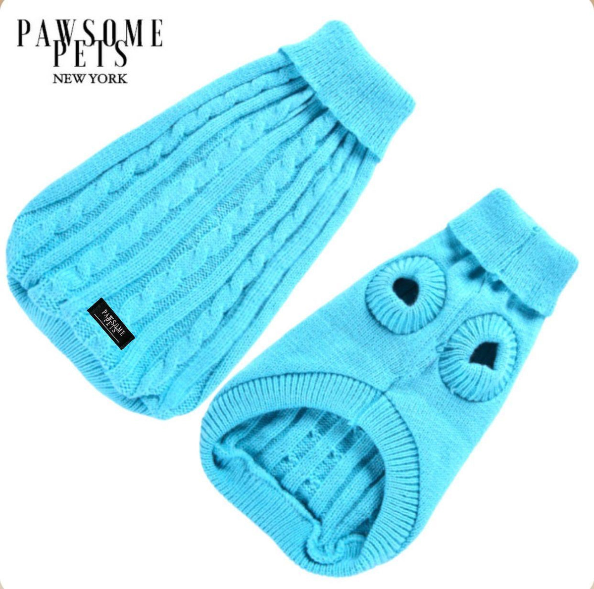 Sky blue cable knit dog sweater with a short roll collar, shown from the back and from the belly side