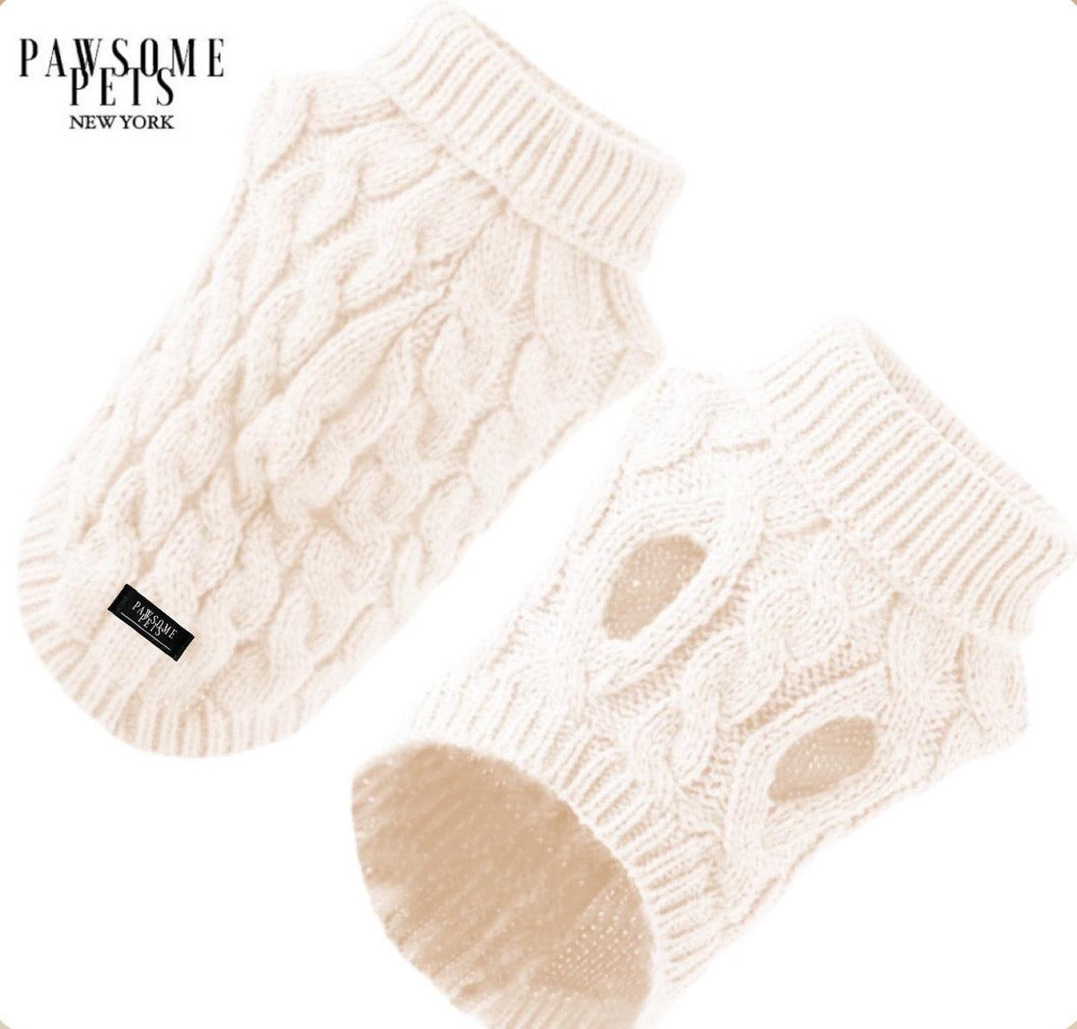 Cream white chunky cable knit dog turtleneck sweater, shown from the back and from the belly side