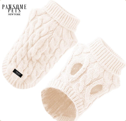 Cream white chunky cable knit dog turtleneck sweater, shown from the back and from the belly side