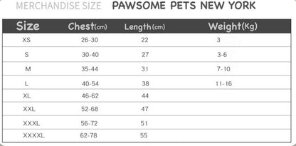 Cable knit dog sweater size chart in centimeters with chest, length and weight for sizes XS to XXXXL