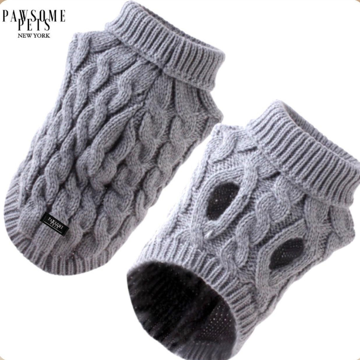 Gray chunky cable knit dog turtleneck sweater with braided cables, shown from the back and from the belly side