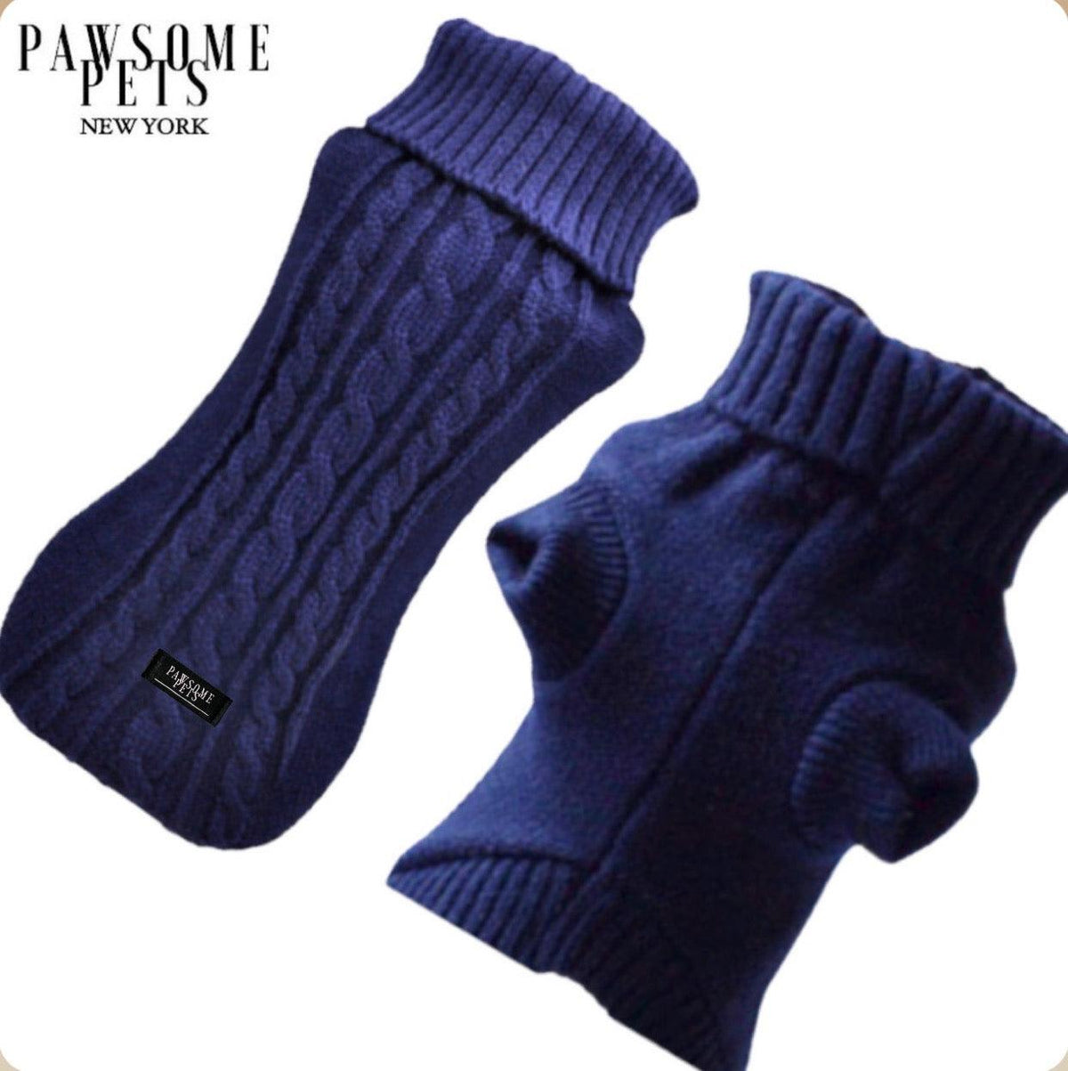 Navy chunky cable knit dog turtleneck sweater, shown from the back and from the belly side