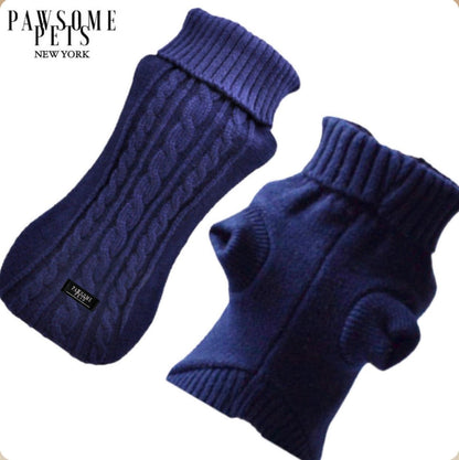 Navy chunky cable knit dog turtleneck sweater, shown from the back and from the belly side