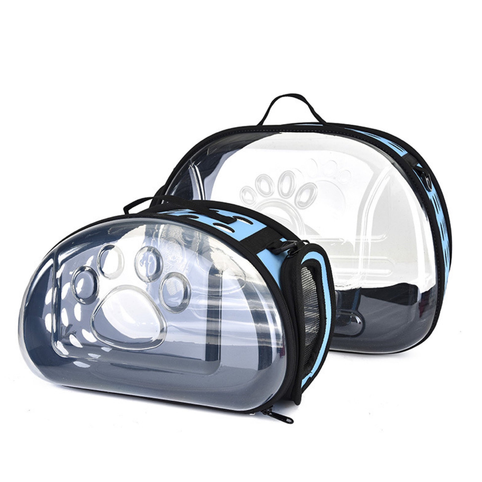 Clear pet carrier bag with paw shaped ventilation holes and a carry handle.