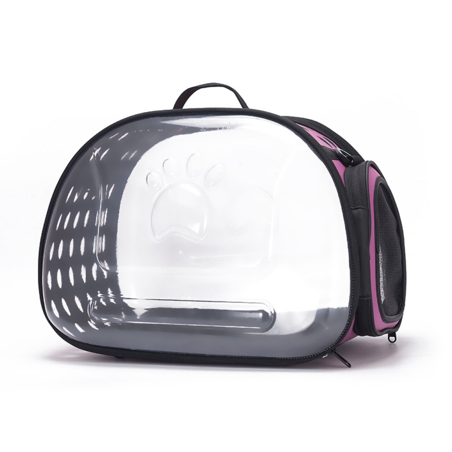Clear pet carrier bag with the top entry panel open.