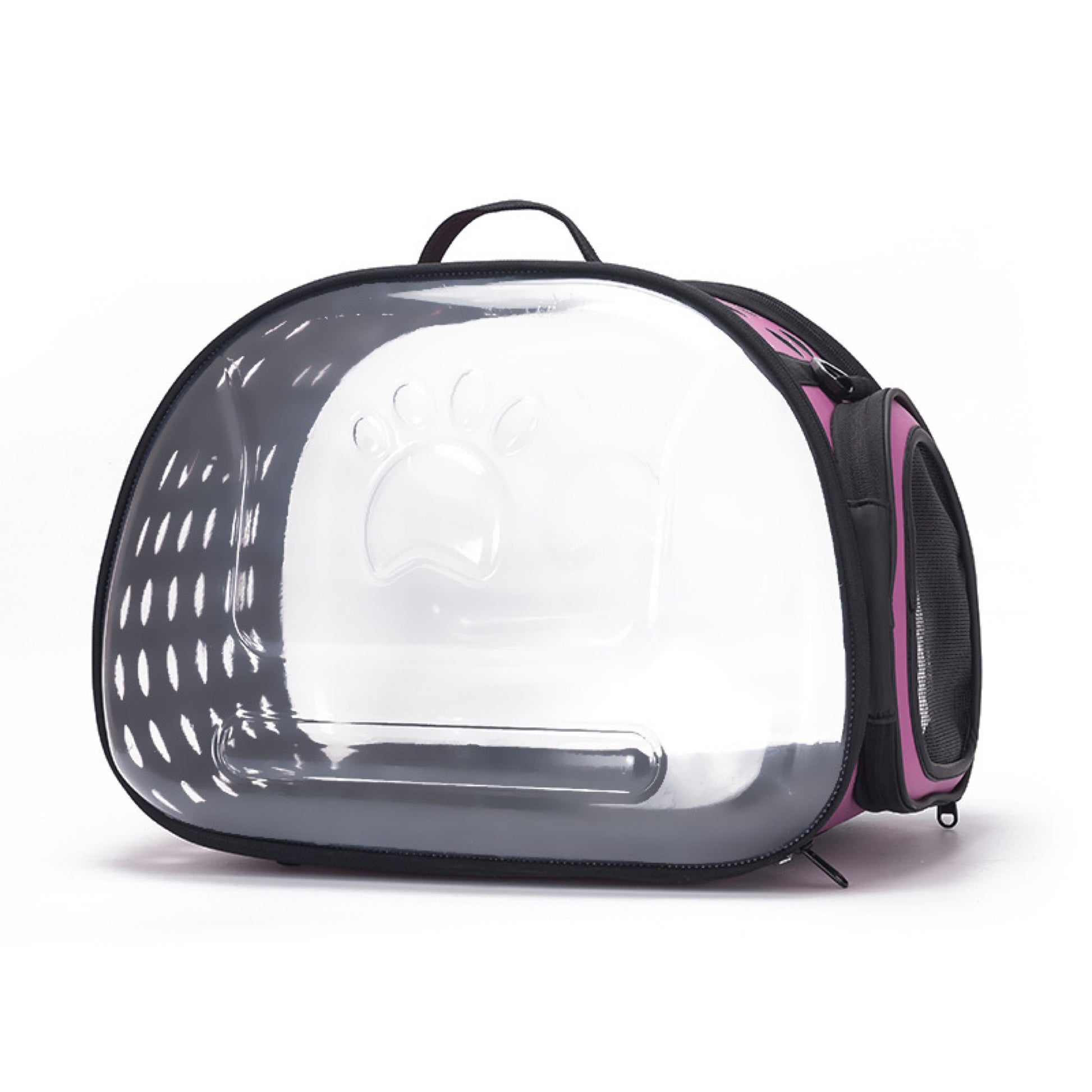 Clear pet carrier bag with the top entry panel open.