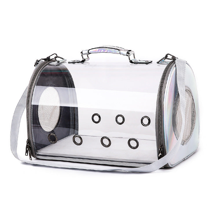 Clear pet carrier handbag with round ventilation holes and side entry doors.