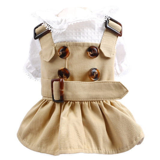 Beige cotton dog dress with a white lace collar, buttons and a buckled belt.