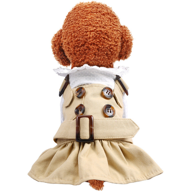 Beige cotton dog dress showing the pleated skirt and belt.
