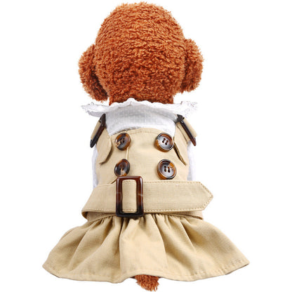 Beige cotton dog dress showing the pleated skirt and belt.