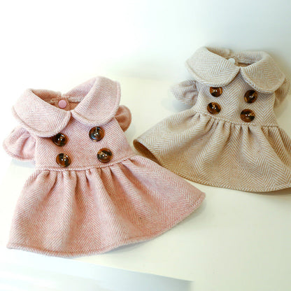 Pink cotton dog dress with a rounded Peter Pan collar and buttons.