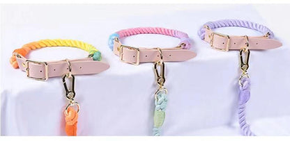 Three pastel rope collars with blush leather tabs and brass rings.