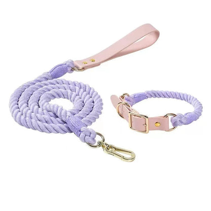 Violet cotton rope leash and collar set with a blush leather tab and brass clip.