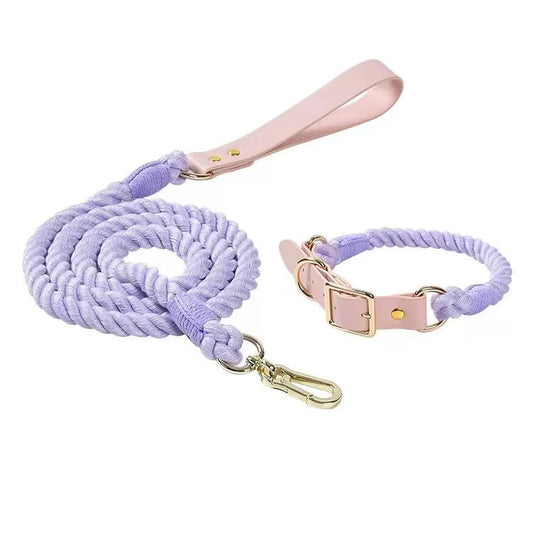 Violet cotton rope leash and collar set with a blush leather tab and brass clip.