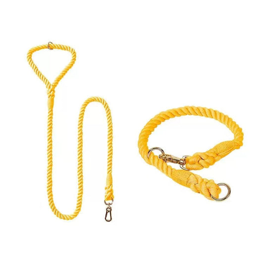 Yellow cotton rope leash and matching collar with brass hardware, laid flat.