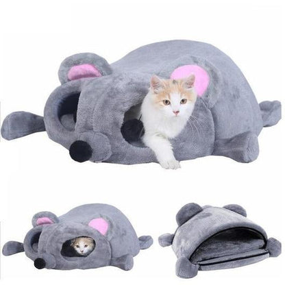Grey mouse shaped cat cave bed with a cat resting on top.