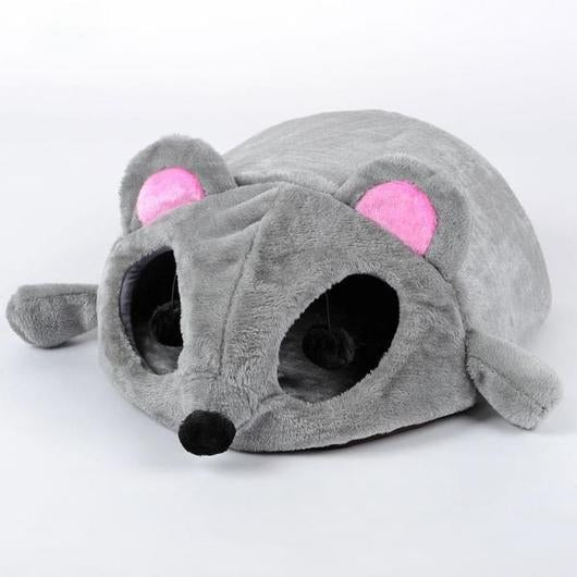 Grey mouse shaped cat cave bed empty, showing the round entrance.