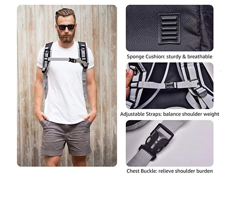 Man wearing the capsule backpack, with callouts for cushion, straps and chest buckle.