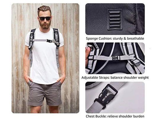 Man wearing the capsule backpack, with callouts for cushion, straps and chest buckle.