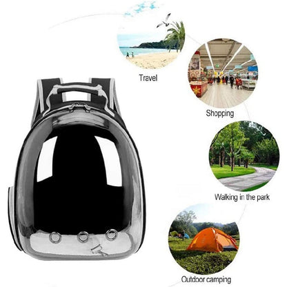 Capsule cat backpack shown closed, with travel, shopping and camping scenes.