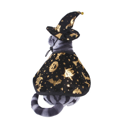 Cat seen from behind in the star print cape and pointed hat.
