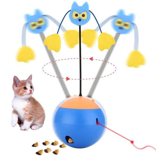 Laser cat toy twirling a blue felt teaser on a wand above a blue and orange ball base, with a red laser dot and kibble