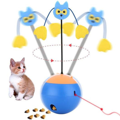 Laser cat toy twirling a blue felt teaser on a wand above a blue and orange ball base, with a red laser dot and kibble