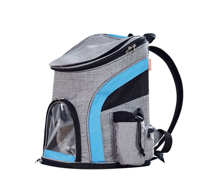 Grey and blue mesh sided pet backpack with a clear front panel and side pocket.