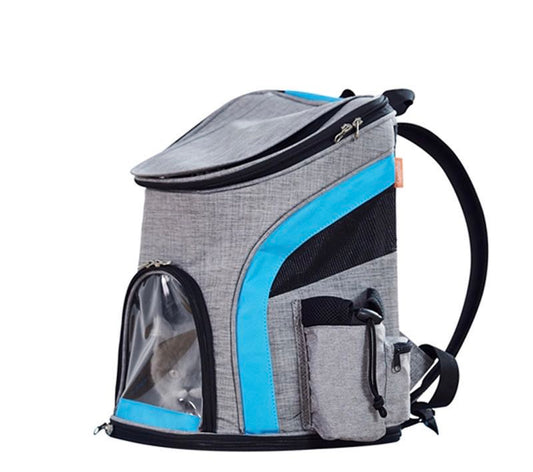 Grey and blue mesh sided pet backpack with a clear front panel and side pocket.