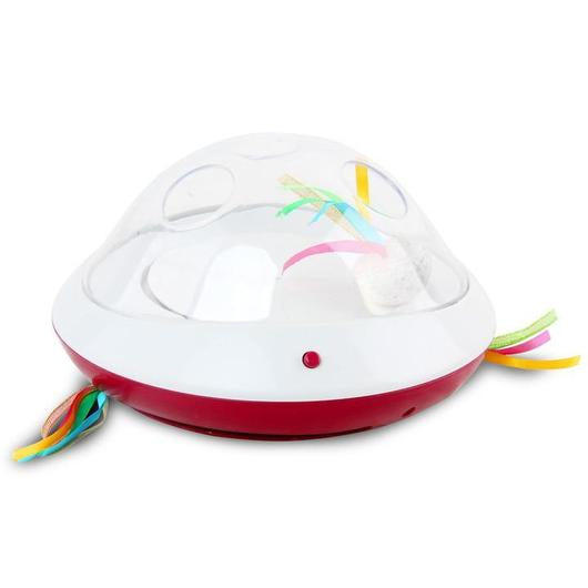 Motion activated cat toy with a clear dome over a white base with red trim and ribbon teasers sticking out both sides