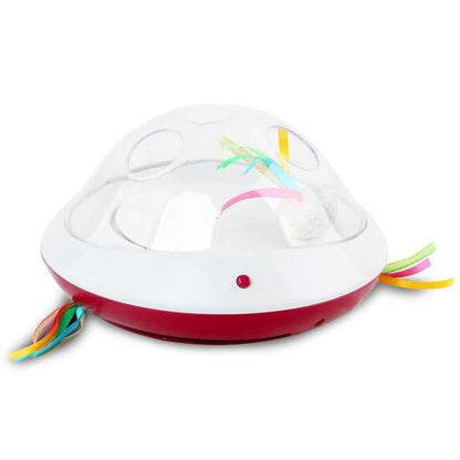 Motion activated cat toy with a clear dome over a white base with red trim and ribbon teasers sticking out both sides