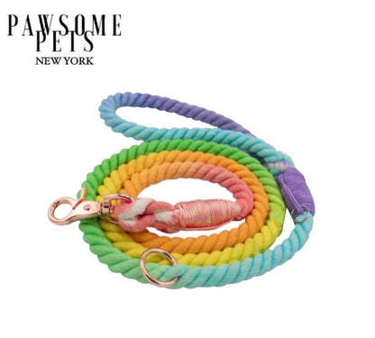 Coiled pastel rainbow cotton rope leash with a rose gold trigger clip.