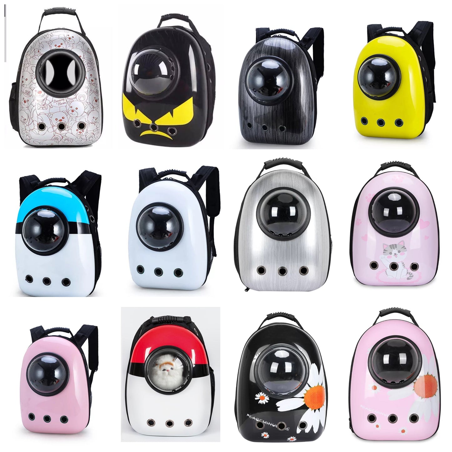 Printed capsule cat backpack carriers shown across the range of face designs.