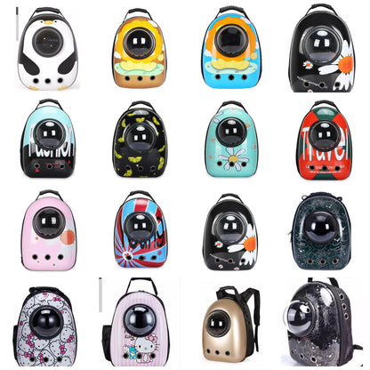 Clear capsule cat backpack carrier with breathable mesh panels.