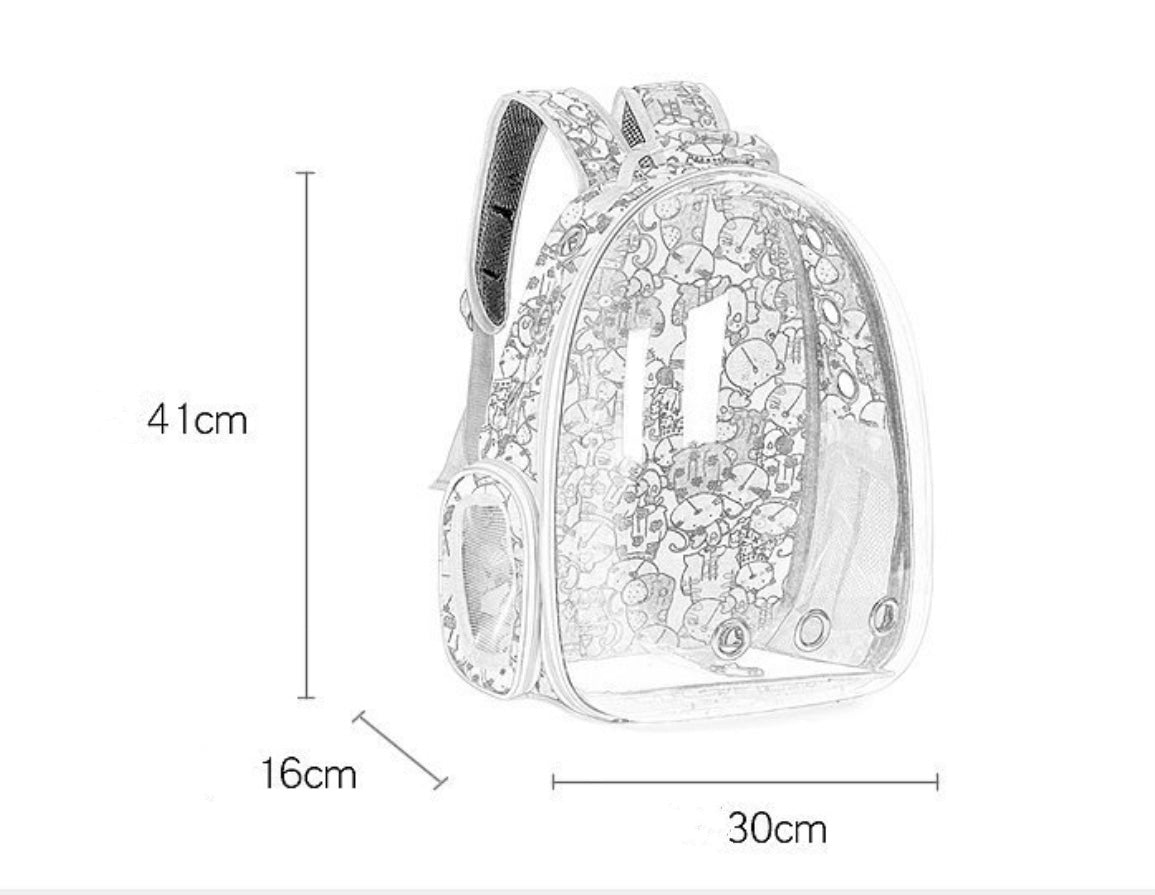 Clear capsule cat backpack carrier with mesh panels and shoulder straps.