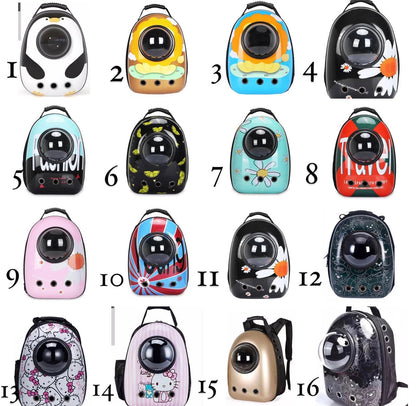 Clear capsule cat backpack carrier with a transparent front dome.