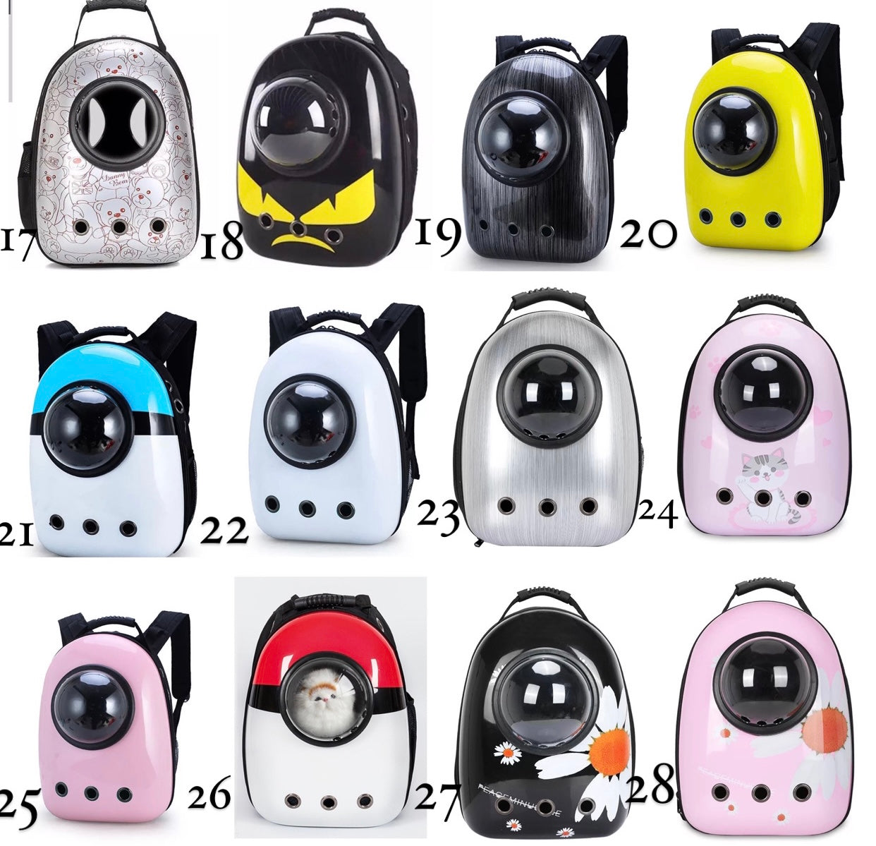 Clear capsule cat backpack carrier with padded straps and vent holes.