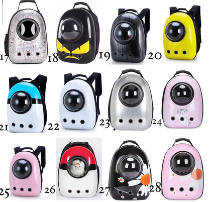 Clear capsule cat backpack carrier with padded straps and vent holes.