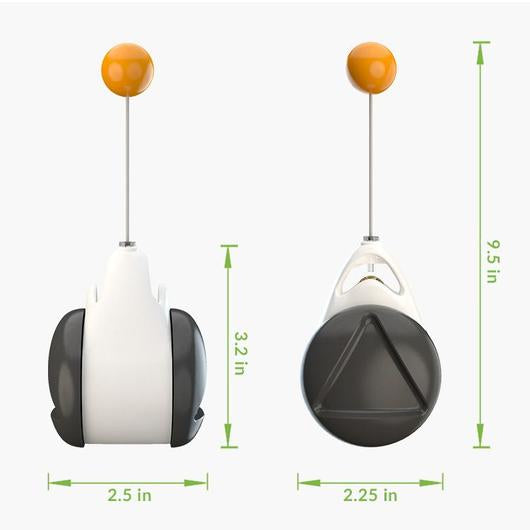Front and side views of the self play cat toy marked 2.5 in wide, 2.25 in deep, 3.2 in body and 9.5 in overall height