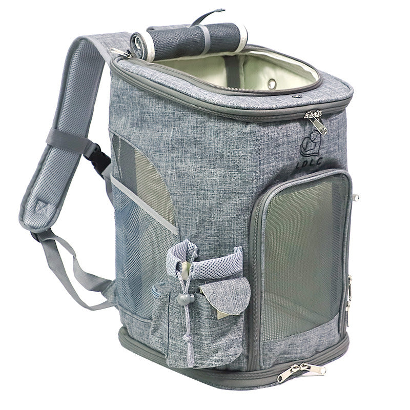 Grey soft sided pet backpack carrier with a front pocket and shoulder straps.