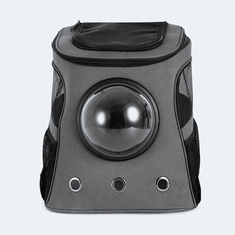 Grey capsule cat backpack with a clear dome window and round side vents.