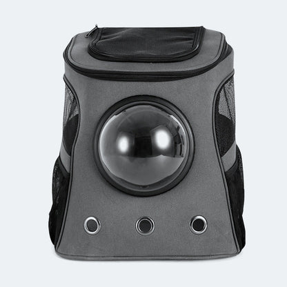 Grey capsule cat backpack with a clear dome window and round side vents.