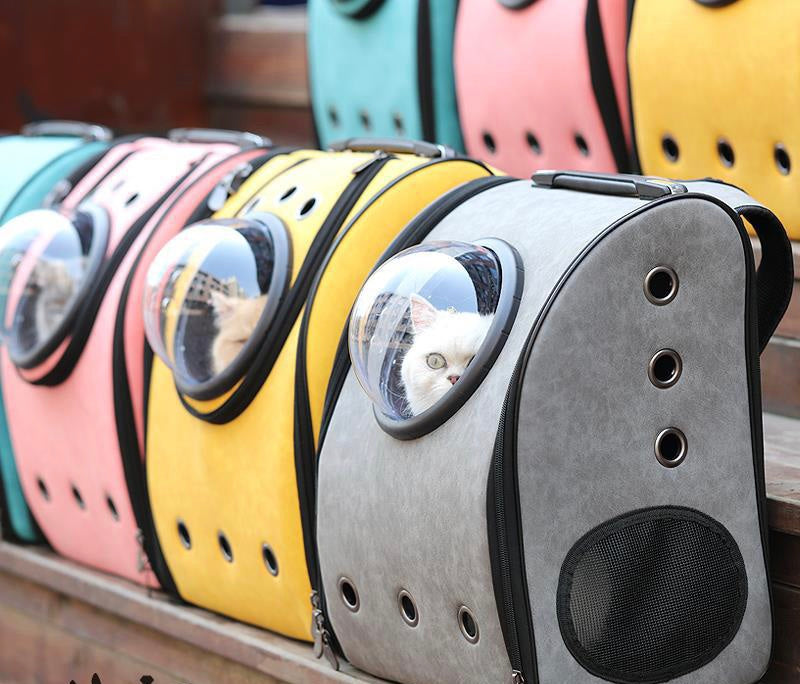 Row of capsule pet backpacks in teal, pink, yellow and grey with cats inside.
