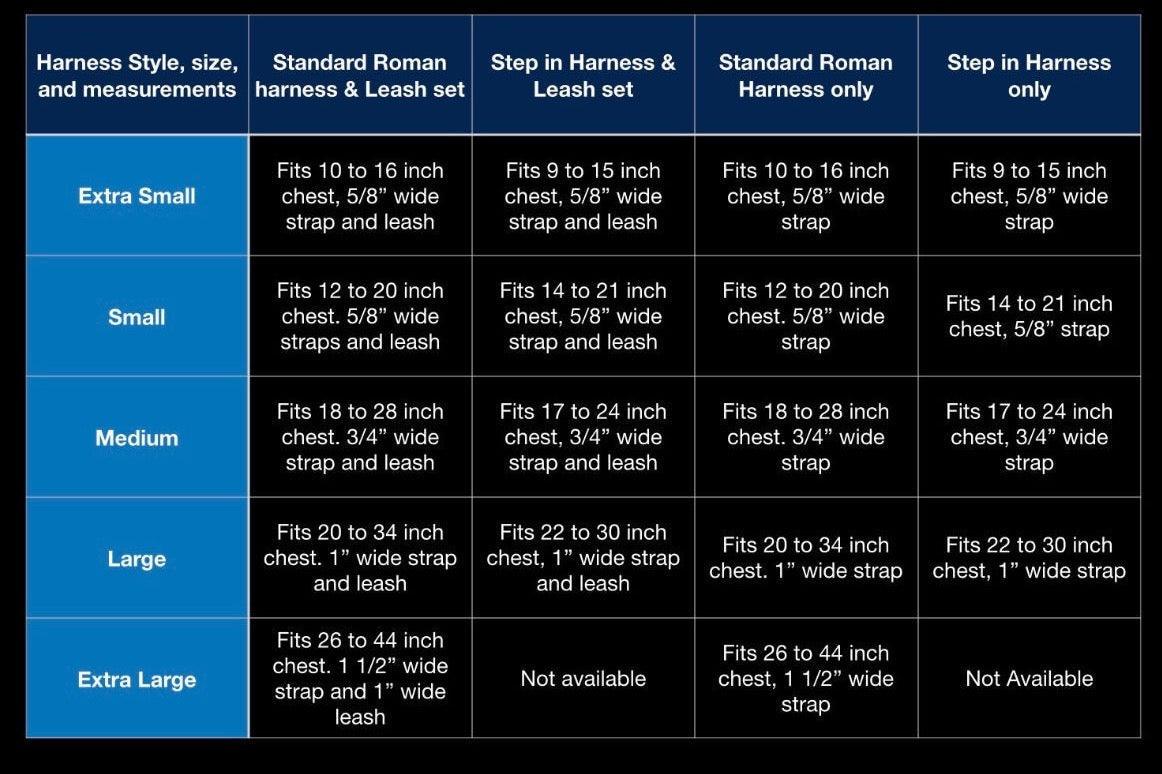 Size chart giving chest fit and strap width for the step-in harness from extra small to extra large.