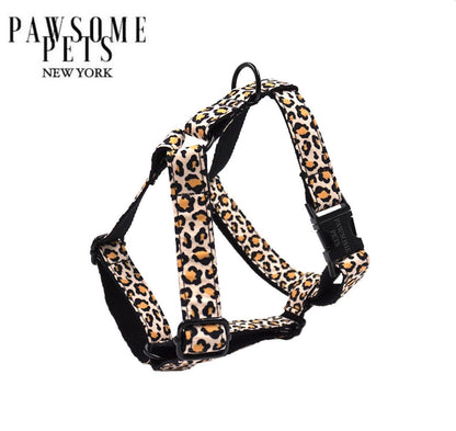 Leopard print step-in dog harness in printed polyester webbing.