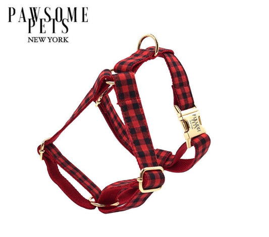 Red and black stripe step-in dog harness in printed polyester webbing.